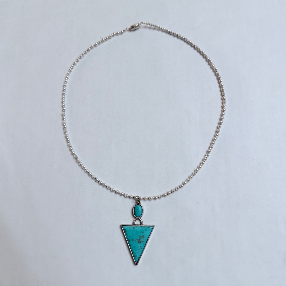 Handmade Turquoise Triangle Pendant Necklace Silver Tone Ball Bead Chain Boho